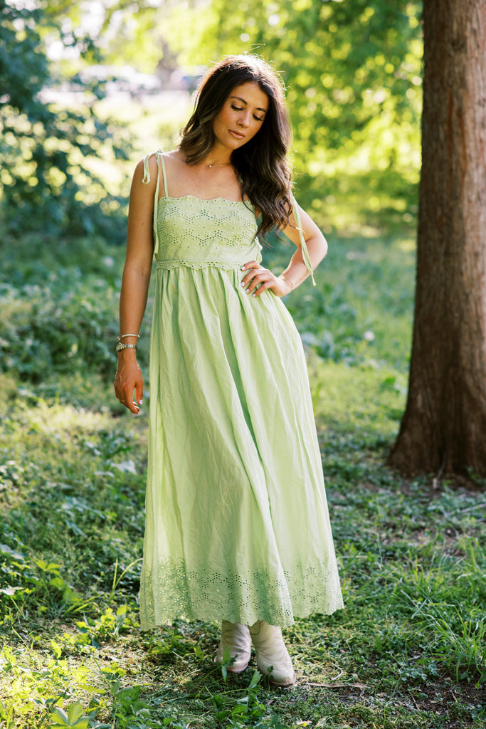 Meadow Blossom Green Scalloped Eyelet Lace Midi Dress