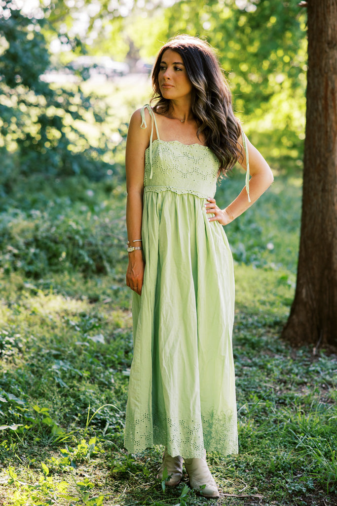 Meadow Blossom Green Scalloped Eyelet Lace Midi Dress