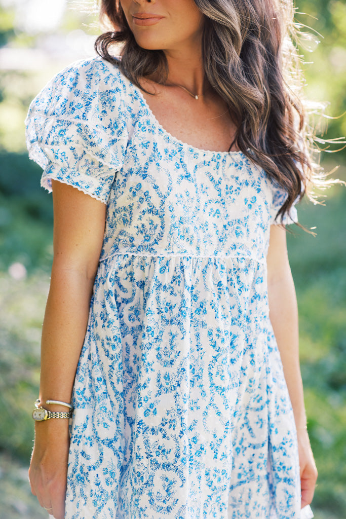 Morning Dewdrop Blue and White Embroidered Mini Dress