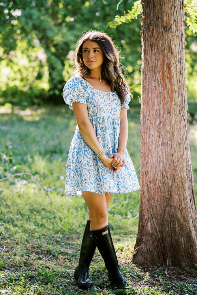 Morning Dewdrop Blue and White Embroidered Mini Dress
