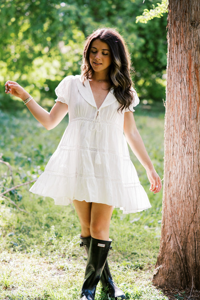 Sunlit Fields Sailor Collared Embroidered White Mini Dress