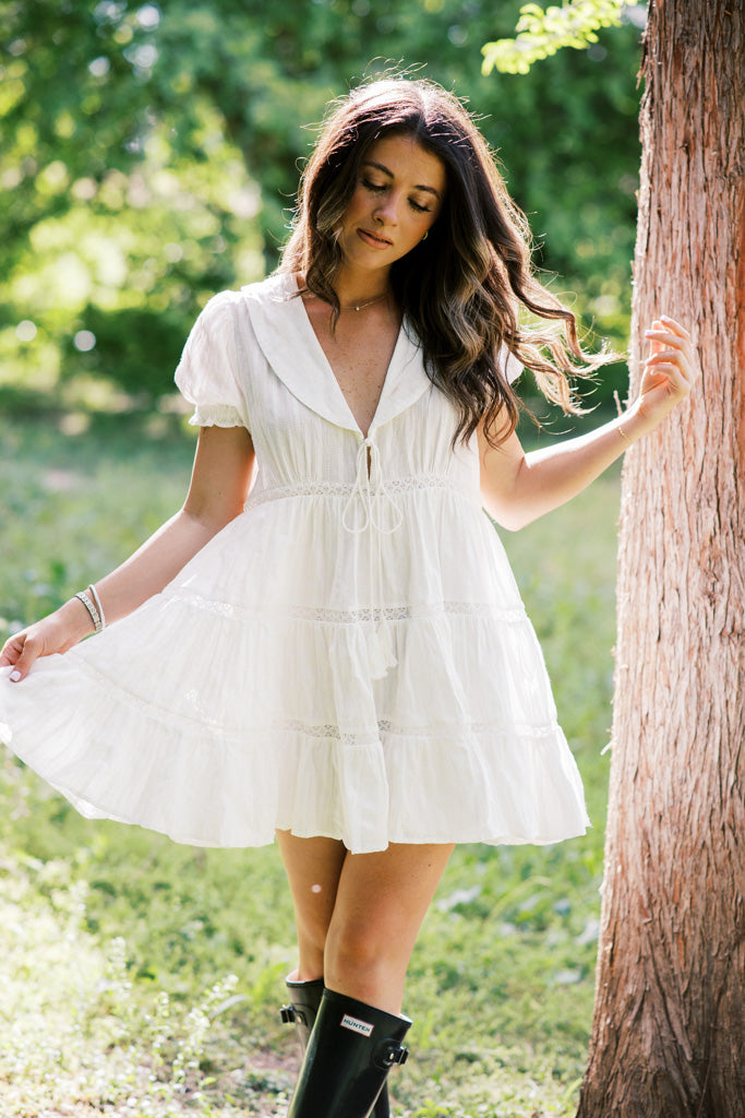 Sunlit Fields Sailor Collared Embroidered White Mini Dress